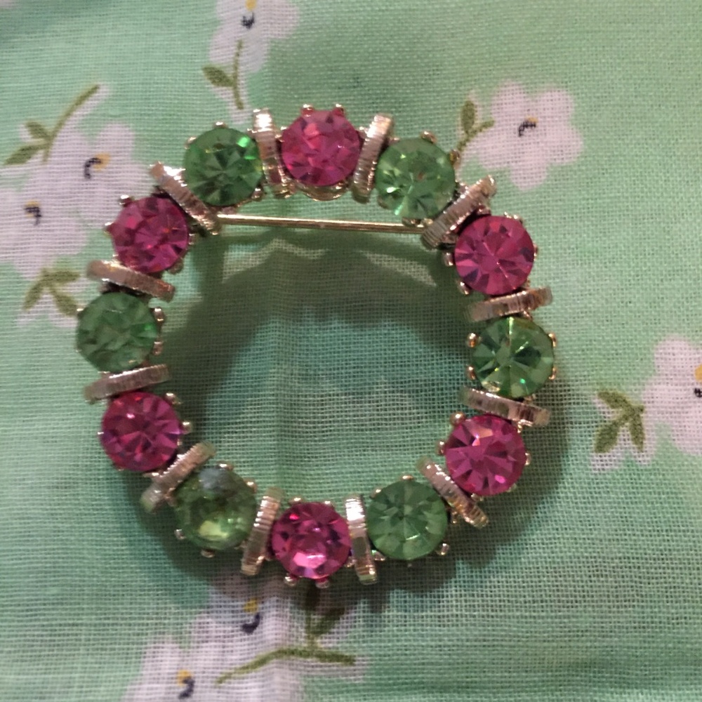 Vintage bright pink and green circle pin